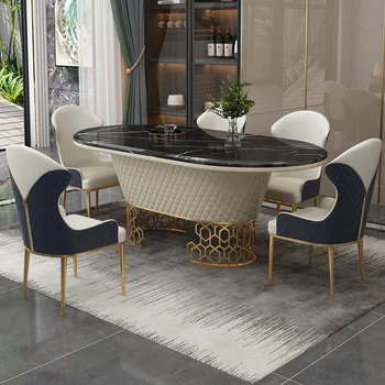 Роскошный обеденный стол с 6 кожаными стульями из нержавеющей стали и овальным мраморным столом - идеально подходит для оформления кухни и столовой