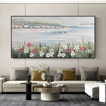 Ручная роспись океана, морского пейзажа, цветочной картины, большого размера Картина маслом, проход на крыльце для украшения дома в подарок