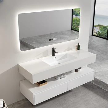 Современная минималистичная каменная панель бесшовное соединение керамический встроенный умывальник комбинация шкафов для ванной комнаты дуб мыть руки