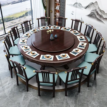 Сочетание круглого обеденного стола и стула из цельного дерева в новом домашнем хозяйстве в китайском стиле, большой круглый стол для отеля с поворотным столом