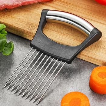 Стальная игла для лука с держателем для безопасной резки Easy Slicer Cutter Безопасная для помидоров вилка Ручной кухонный нож для овощей