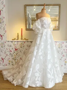Съемные пышные рукава Свадебные платья Кружевные аппликации Завораживающий шлейф свадебного платья на заказ