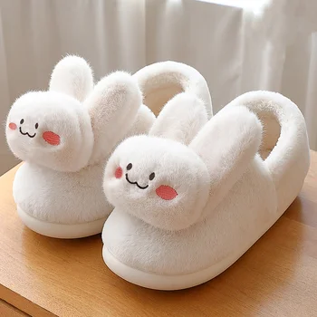 Тапочки-слипоны с кроликами для девочек, женские плюшевые домашние тапочки, пушистые зимние тапочки, пушистая теплая обувь для помещений