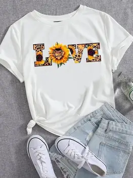 Тренд 90-х на повседневную футболку с буквенным принтом в виде цветка любви, женские футболки с круглым вырезом, графическая одежда, женская одежда с коротким рукавом и принтом