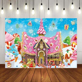 Фотография на фоне Пряничного домика Зимнее Рождество Xmas Land Печенье Candyland Торт Мороженое Украшения Баннер Backgrou