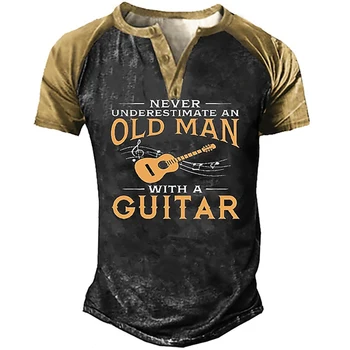 Футболки Henley с 3D принтом в виде буквы гитары, мужская винтажная уличная одежда, футболка с коротким рукавом оверсайз, Мужские футболки, топы, одежда