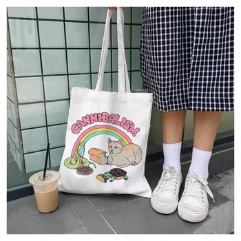 Холщовая сумка Cat, женская сумка Harajuku Ulzzang, модные сумки через плечо, большая вместительная сумка для студенческих книг в стиле ретро с растениями в стиле бохо