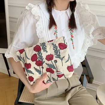 Художественная косметичка из свежего хлопка с цветочным рисунком, японская сумка для хранения, переносная сумка для хранения мелочей, красный конверт